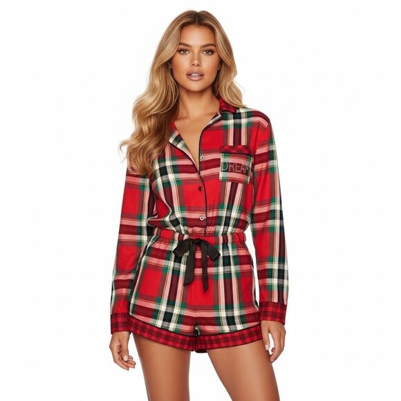 Victoria's Secret Elsa Red Plaid Flannel Sleep Romper SZ M Lounge Christmas - Picture 1 of 16